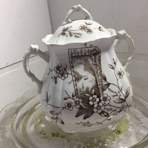 antique ironstone large sugar bowl brown transfer